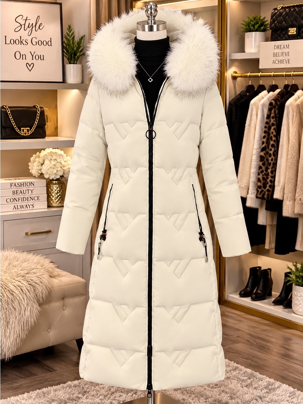 BRAND NEW Quilted Winter Coat Removable Faux Fur Trim Hood Size Juniors L